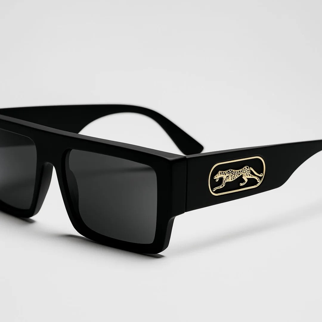 Luxury Black Square Sunglasses with Gold Leopard Logo – UV400 Protection