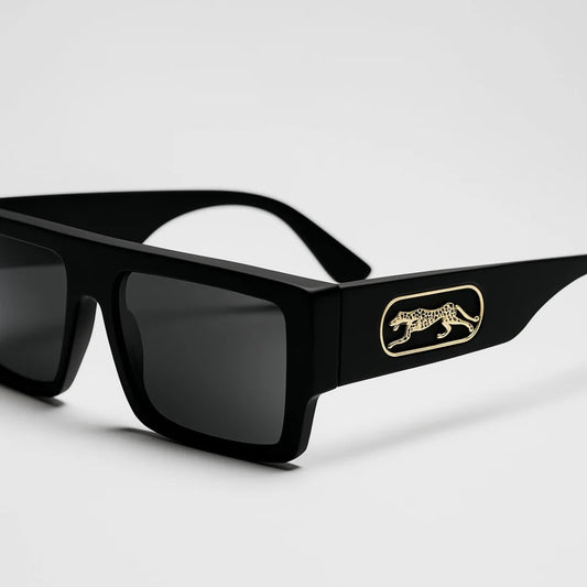 Luxury Black Square Sunglasses with Gold Leopard Logo – UV400 Protection